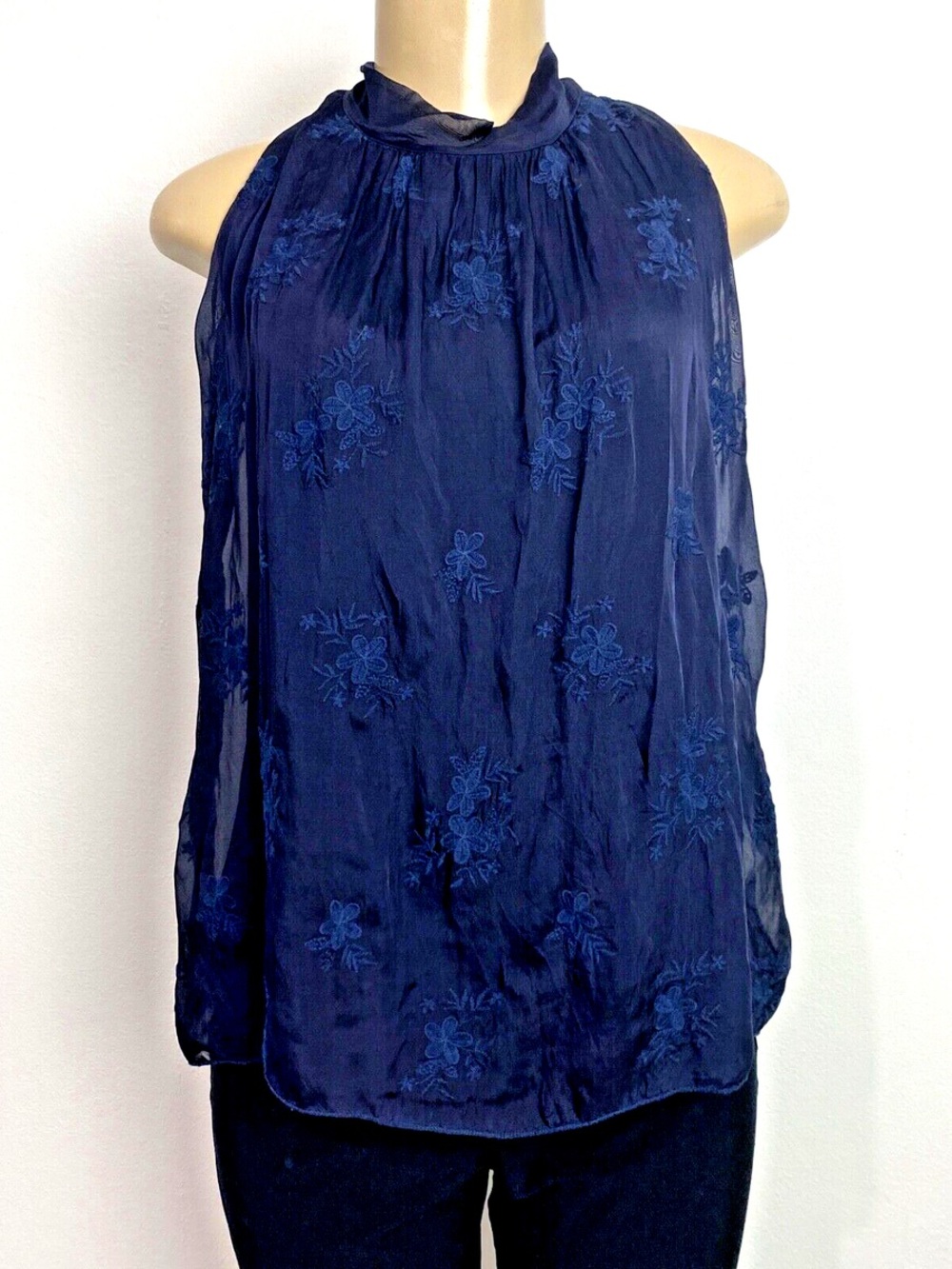 Angela Moda Silk Navy Blue Sleeveless Floral Embroidered High Neck Blouse